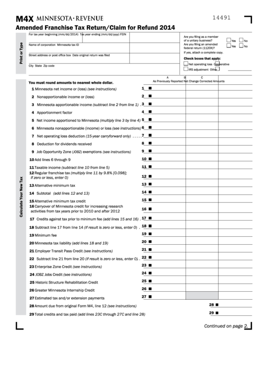 Fillable Form M4x - Minnesota Amended Franchise Tax Return/claim For Refund - 2014 Printable pdf