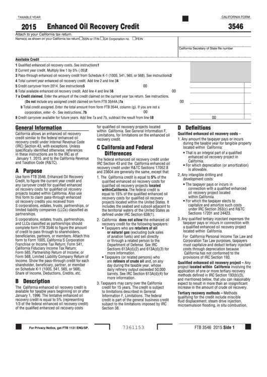 Fillable Form 3546 California Enhanced Oil Recovery Credit 2015