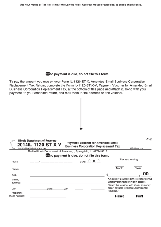 Fillable Form Il-1120-St-X-V - Illinois Payment Voucher For Amended Small Business Corporation Replacement Tax - 2014 Printable pdf