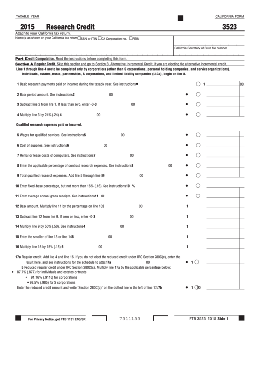 Form 3523 - Research Credit - 2015 Printable pdf