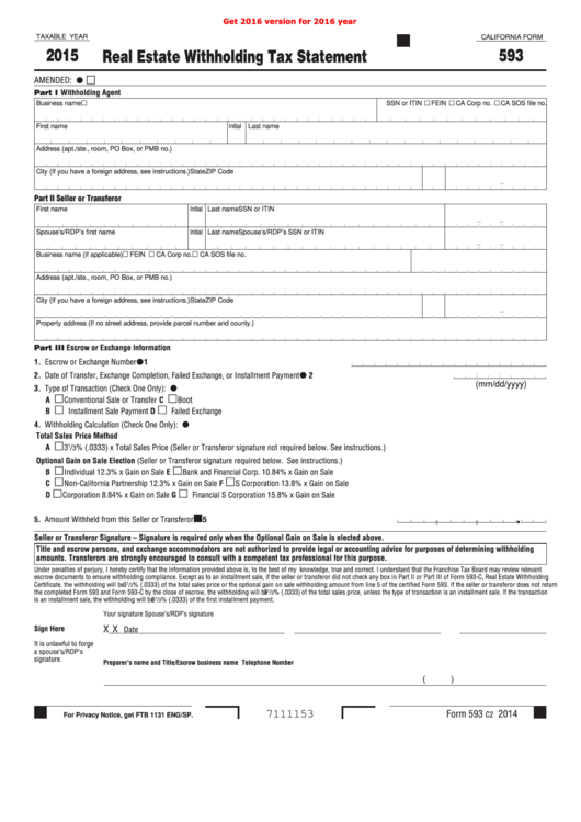 California Form 593 - Real Estate Withholding Tax Statement - 2015