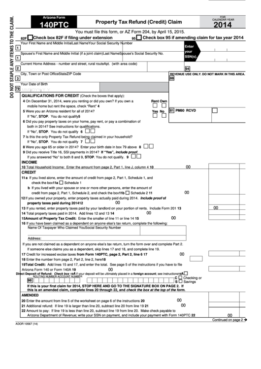 Arizona Form 140ptc - Property Tax Refund (Credit) Claim - 2014 Printable pdf