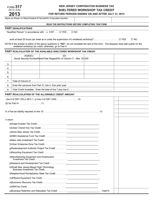 Fillable Form 317 - Sheltered Workshop Tax Credit - New Jersey Corporation Business Tax - 2013 Printable pdf
