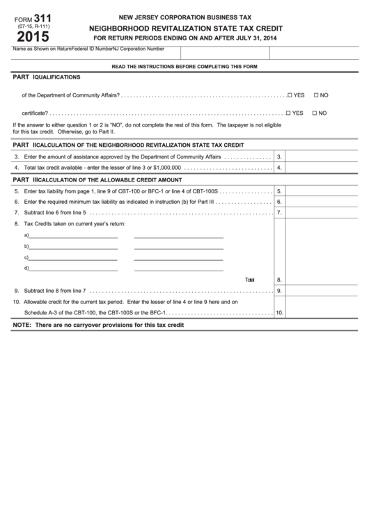 Fillable Form 311 - Neighborhood Revitalization State Tax Credit - 2015 Printable pdf