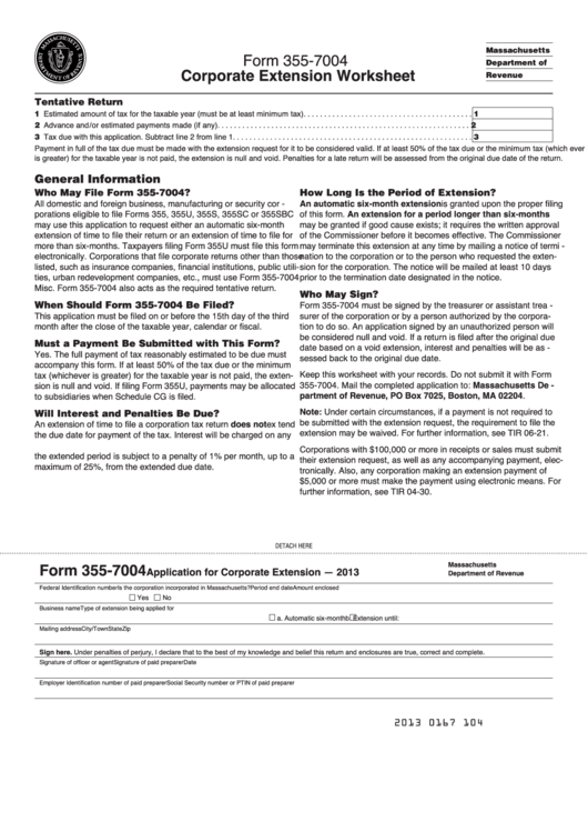Fillable Form 355-7004 - Corporate Extension Worksheet - Massachusetts Department Of Revenue - 2013 Printable pdf
