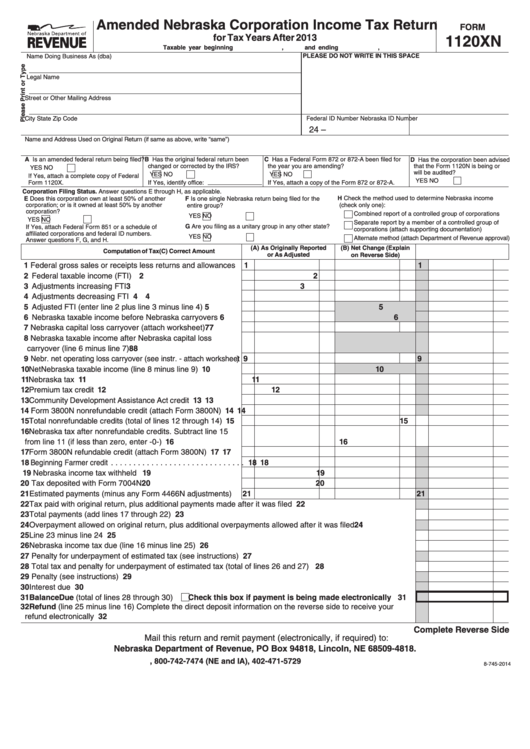 Fillable Form 1120xn - Amended Nebraska Corporation Income Tax Return Printable pdf