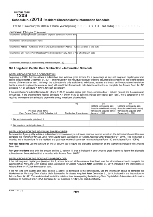 Fillable Schedule K-1 (Form 120s) - Arizona Resident Shareholder'S