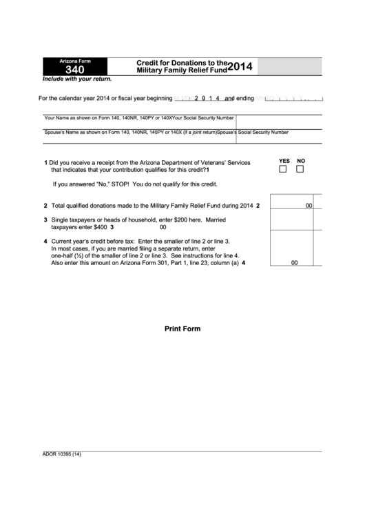 Fillable Form 340 - Arizona Credit For Donations To The Military Family Relief Fund - 2014 Printable pdf