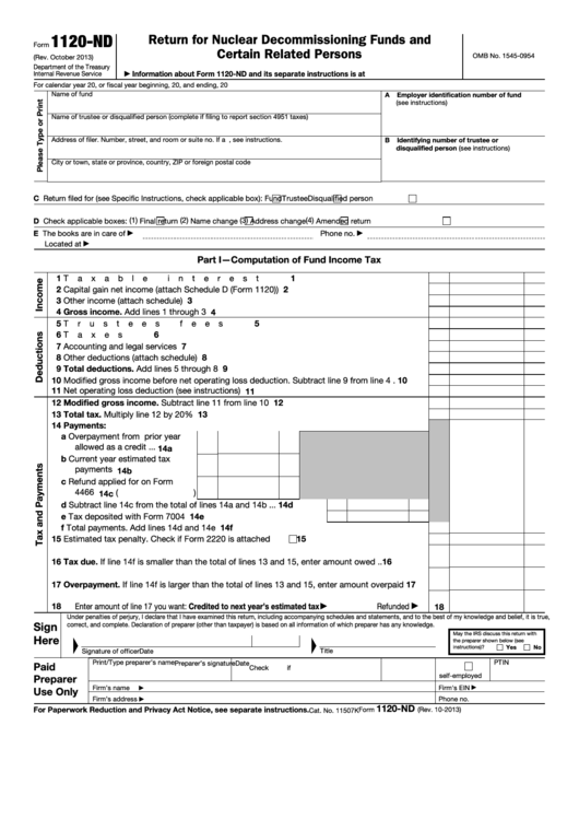 Fillable Form 1120-Nd - Return For Nuclear Decommissioning Funds And Certain Related Persons - Department Of Treasury Printable pdf
