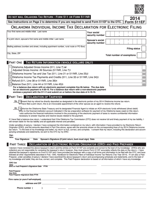 Fillable Form 511ef - Oklahoma Individual Income Tax Declaration For Electronic Filing - 2014 Printable pdf