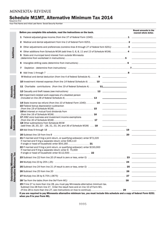 Fillable Schedule M1mt - Minnesota Alternative Minimum Tax - 2014 Printable pdf