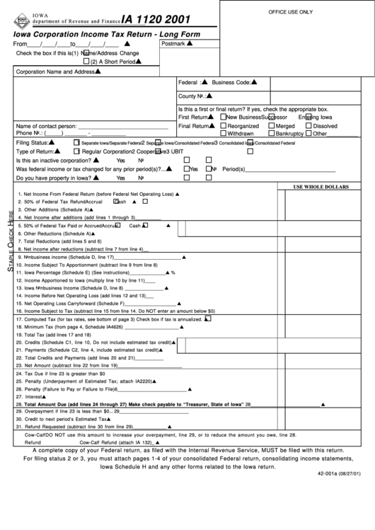 Form Ia 1120 - Iowa Corporation Income Tax Return - Long Form - 2001 Printable pdf
