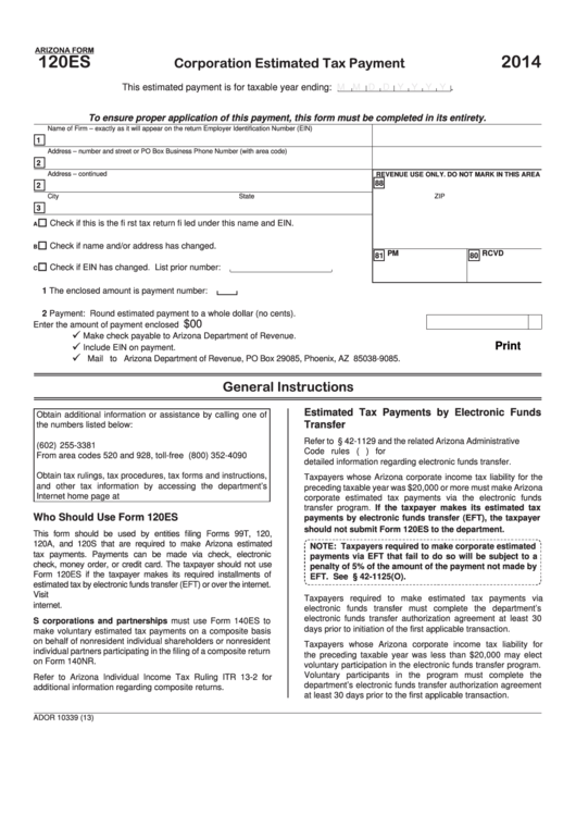Fillable Form 120es - Arizona Corporation Estimated Tax Payment - 2014 Printable pdf