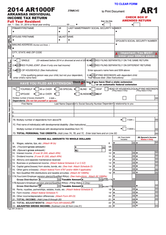 Fillable Form Ar1000f Arkansas Individual Tax Return 2014