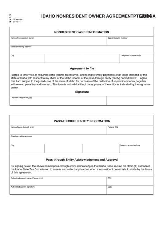 Form Pte-Nroa - Idaho Nonresident Owner Agreement - 2014 Printable pdf