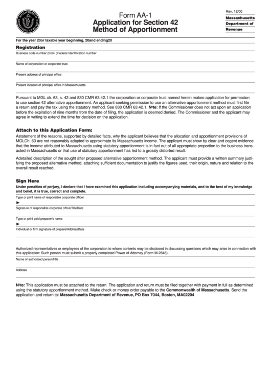Form Aa-1 - Massachusetts Application For Section 42 Method Of Apportionment Printable pdf
