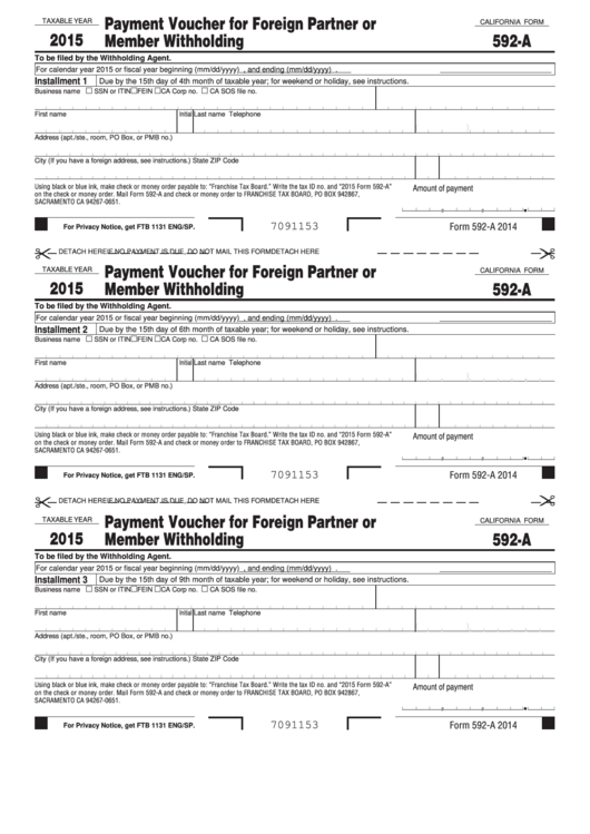 California Form 592-a - Payment Voucher For Foreign Partner Or Member Withholding - 2015