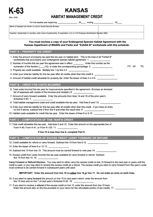 Schedule K-63 - Kansas Habitat Management Credit Printable pdf