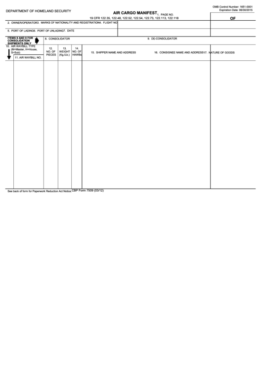Fillable Cbp Form 7509 - Air Cargo Manifest Printable pdf