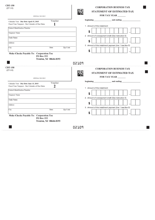 Fillable Form Cbt-150 - New Jersey Corporation Business Tax Printable pdf