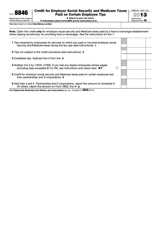 Fillable Form 8846 - Credit For Employer Social Security And Medicare Taxes Paid On Certain Employee Tips - 2013 Printable pdf