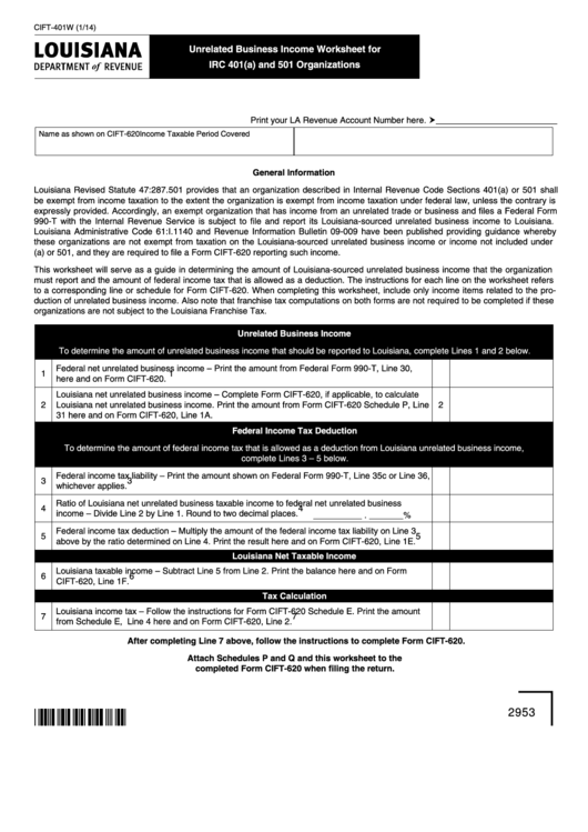 Form Cift-401w - Louisiana Unrelated Business Income Worksheet For Irc 401(a) And 501 Organizations