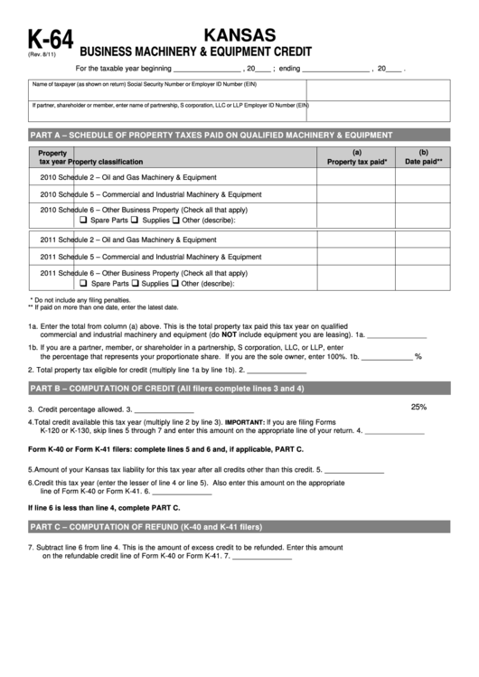 Schedule K-64 - Kansas Business Machinery And Equipment Credit Printable pdf