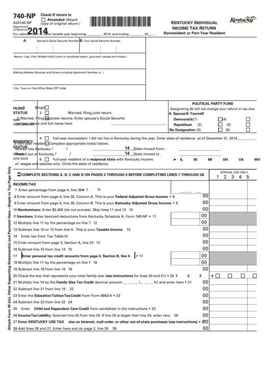 Fillable Form 740-Np - Kentucky Individual Incometax Return - 2014 Printable pdf
