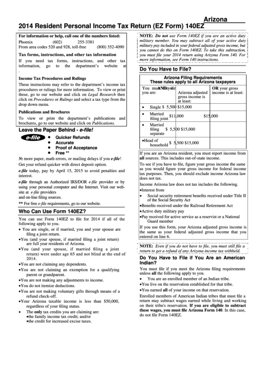 Instructions For Arizona Form 140ez - Resident Personal Income Tax Return - 2014 Printable pdf
