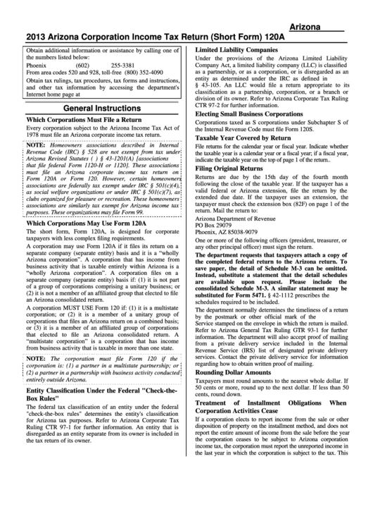 Instructions For Form 120a - Arizona Corporation Income Tax Return (Short Form) - 2013 Printable pdf