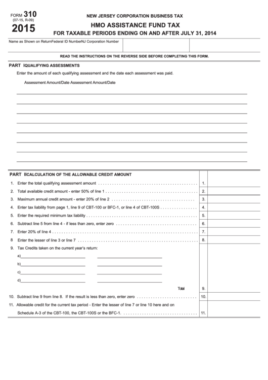 Fillable Form 310 - Hmo Assistance Fund Tax - 2015 Printable pdf