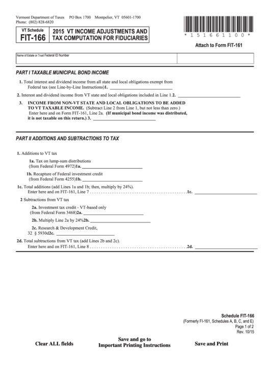 Fillable Schedule Fit-166 - Vermont Income Adjustments And Tax Computation For Fiduciaries - 2015 Printable pdf