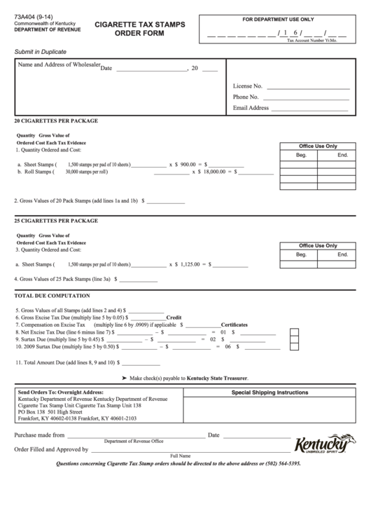 Fillable Form 73a404 - Cigarette Tax Stamps Order Form - Kentucky Department Of Revenue Printable pdf