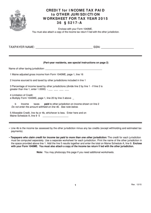 Maine Credit For Income Tax Paid To Other Jurisdiction Worksheet For Tax Year 2015 Printable pdf