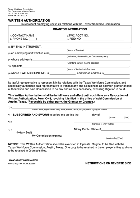 Form C 42 Written Authorization To Represent Employing Unit In Its 