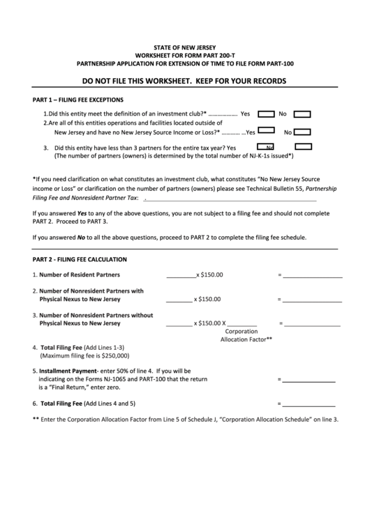 Worksheet For Form Part 200-T- Partnership Application For Extension Of Time Printable pdf