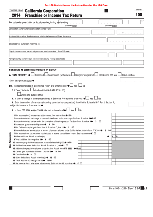 Fillable Form 100 - California Corporation Franchise Or Income Tax Return - 2014 Printable pdf