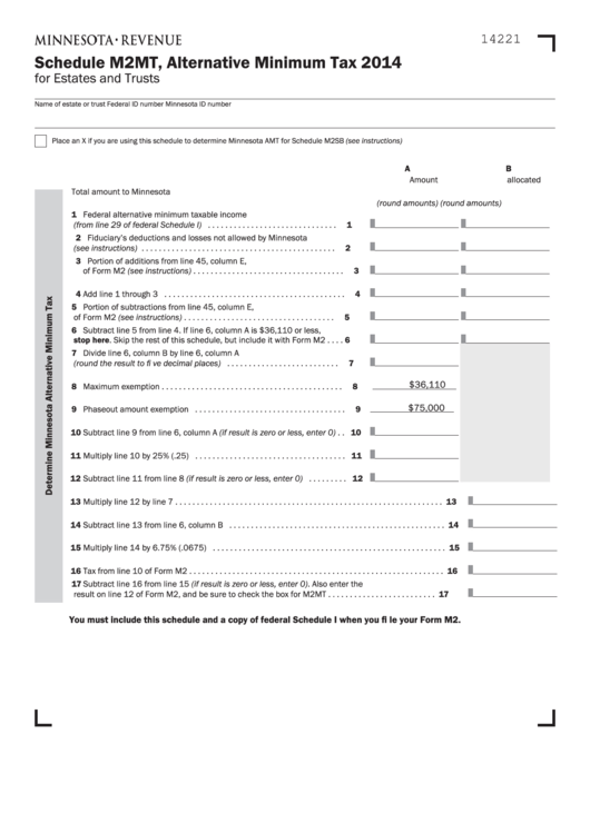 Fillable Schedule M2mt - Minnesota Alternative Minimum Tax - 2014 Printable pdf