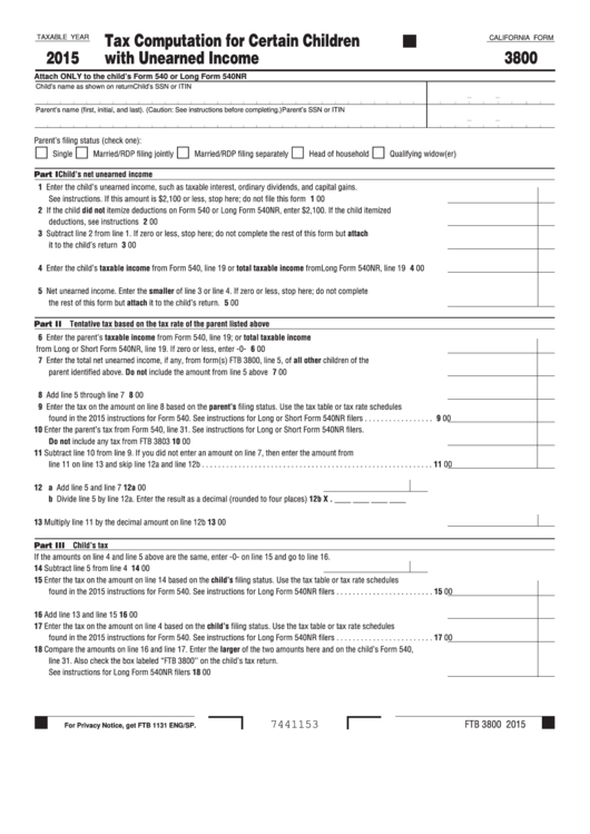 Fillable Form 3800 - California Tax Computation For Certain Children With Unearned Income - 2015 Printable pdf