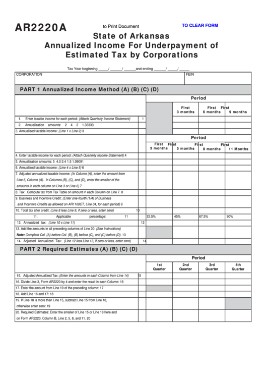 Fillable Form Ar2220a - State Of Arkansas Annualized Income For Underpayment Of Estimated Tax By Corporations Printable pdf