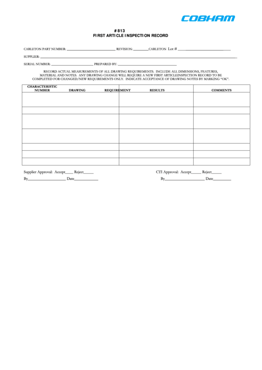 Qc Form 813 - First Article Inspection Record Printable pdf