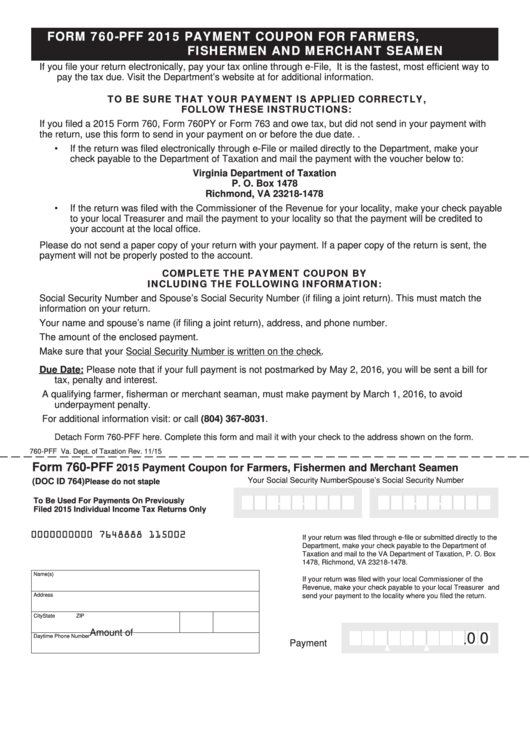 Fillable Form 760-Pff - Virginia Payment Coupon For Farmers, Fishermen And Merchant Seamen - 2015 Printable pdf