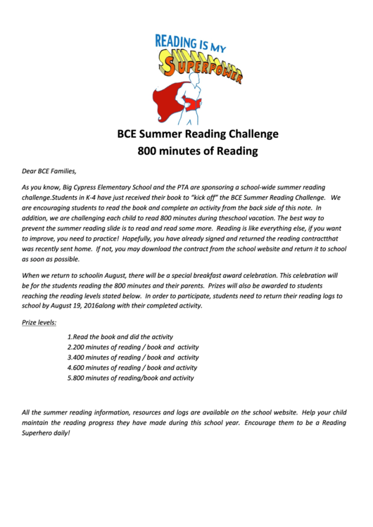 Bce Summer Reading Challenge - 800 Minutes Of Reading Printable pdf