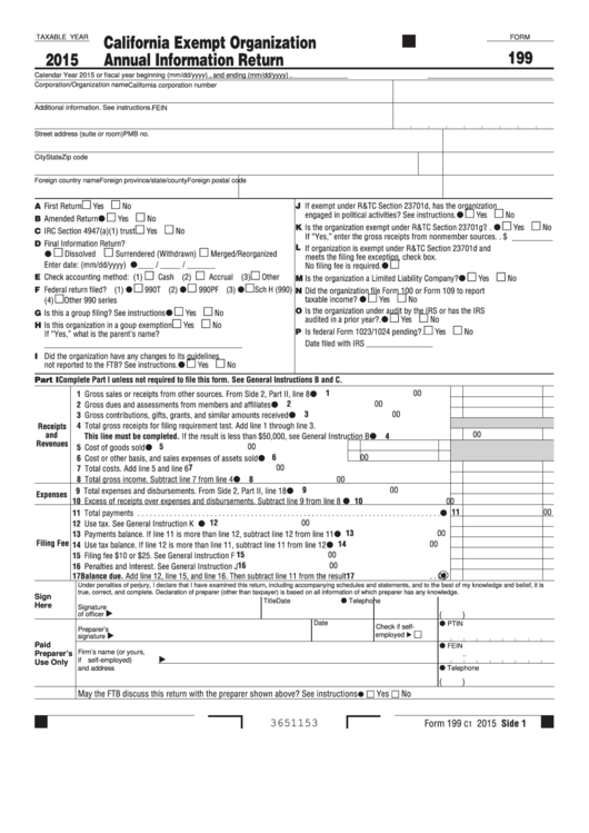 Fillable Form 199 - California Exempt Organization Annual Information Return - 2015 Printable pdf