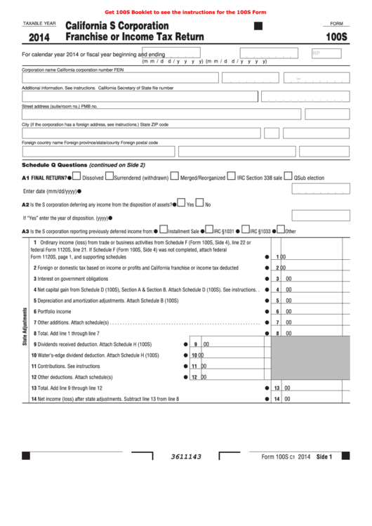 Fillable Form 100s - California S Corporation Franchise Or Income Tax Return - 2014 Printable pdf