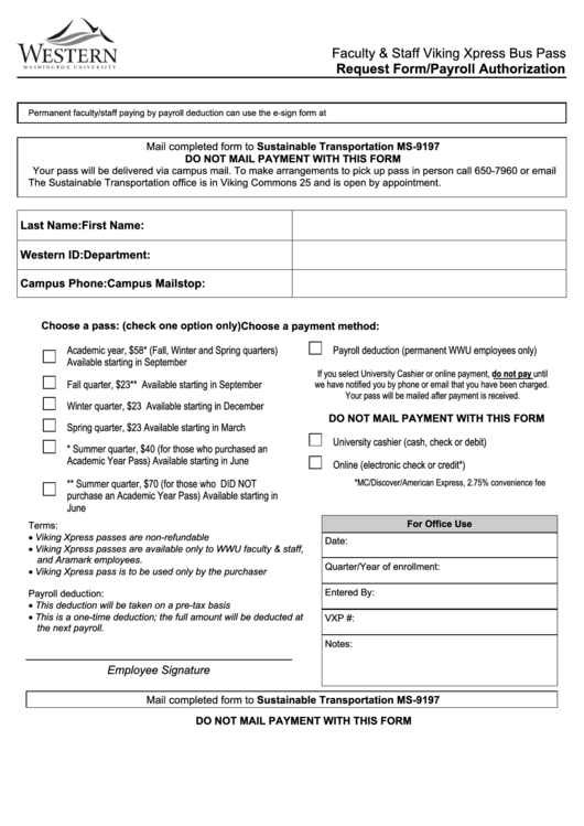 Faculty & Staff Viking Xpress Bus Pass - Request Form/payroll Authorization Printable pdf