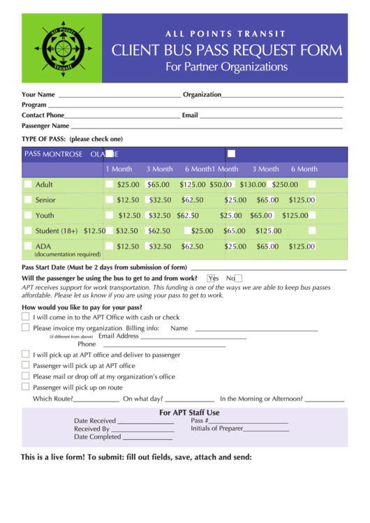 Client Bus Pass Request Form Printable pdf