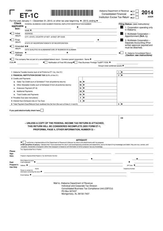 Fillable Form Et-1c - Alabama Consolidated Financial Institution Excise Tax Return - 2014 Printable pdf