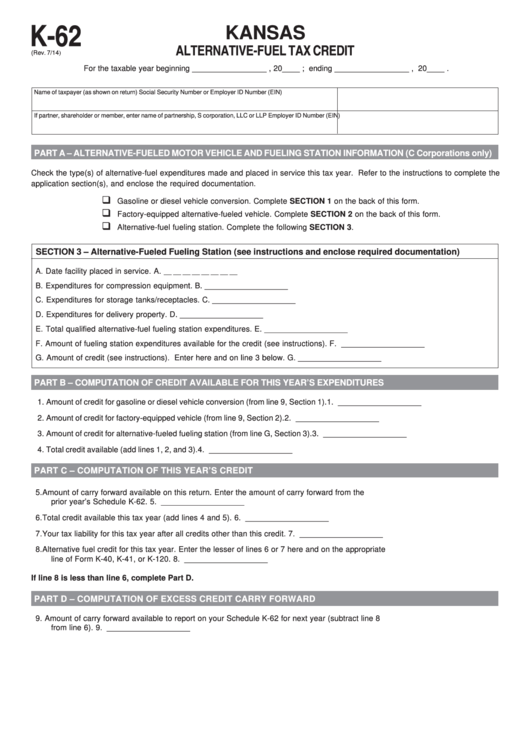 Fillable Schedule K-62 - Kansas Alternative-Fuel Tax Credit Printable pdf