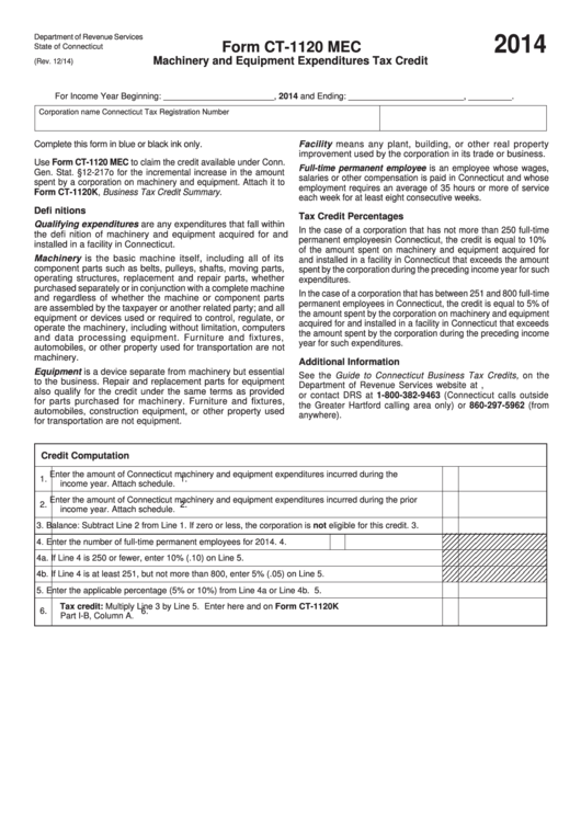 Fillable Form Ct-1120 Mec - Connecticut Machinery And Equipment Expenditures Tax Credit - 2014 Printable pdf